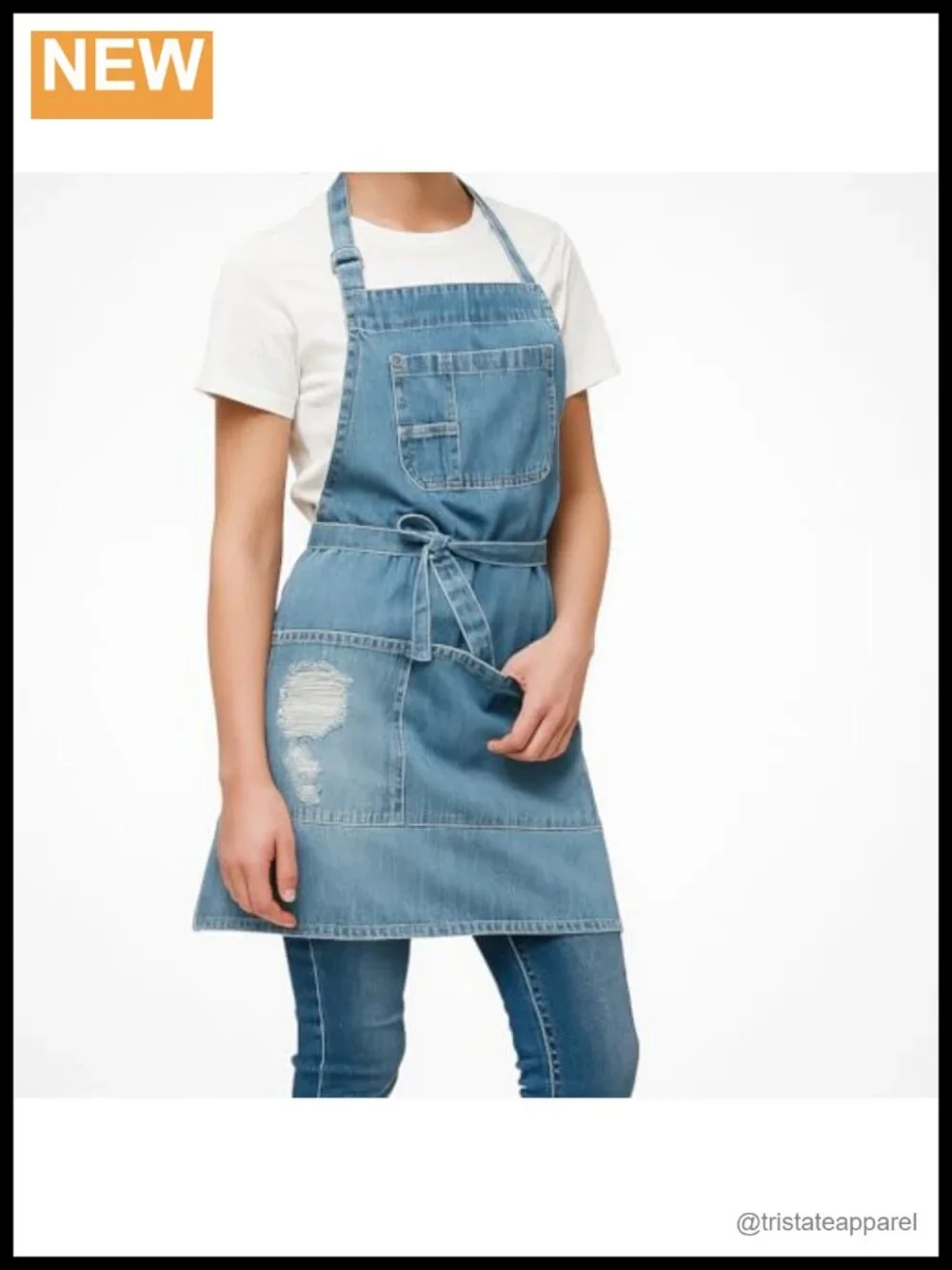 Cotton Denim Bib Apron with 5 Pockets for Cooking, BBQ, Workshop